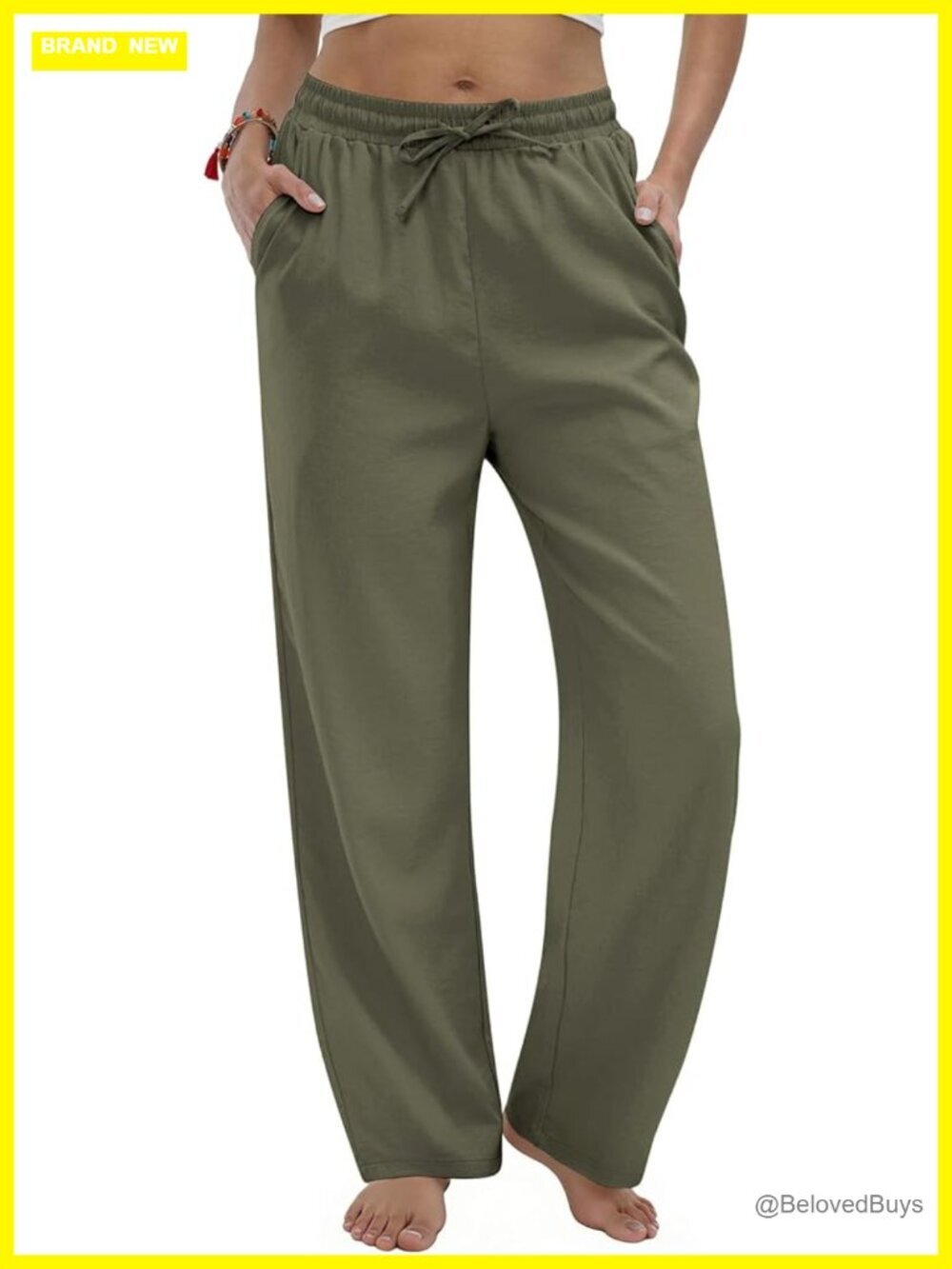 Linen Casual Pants High Waist Drawstring Lounge Pant Straight Trousers with